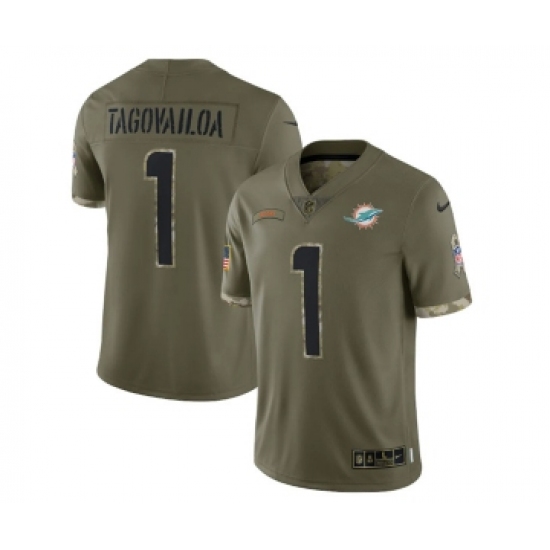 Men's Miami Dolphins 1 Tua Tagovailoa 2022 Olive Salute To Service Limited Stitched Jersey
