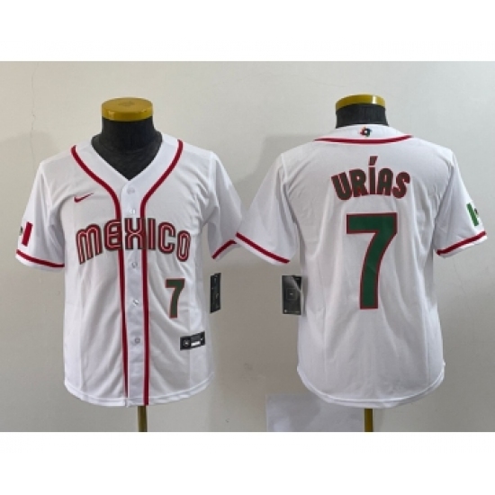 Youth Mexico Baseball 7 Julio Urias Number 2023 Red World Baseball Classic Stitched Jersey 3