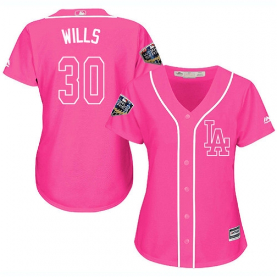 Women's Majestic Los Angeles Dodgers 30 Maury Wills Authentic Pink Fashion Cool Base 2018 World Series MLB Jersey