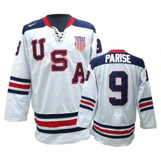 Men's Nike Team USA 9 Zach Parise Premier White 1960 Throwback Olympic Hockey Jersey