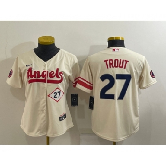 Women's Los Angeles Angels 27 Mike Trout Number Cream 2022 City Connect Cool Base Stitched Jersey