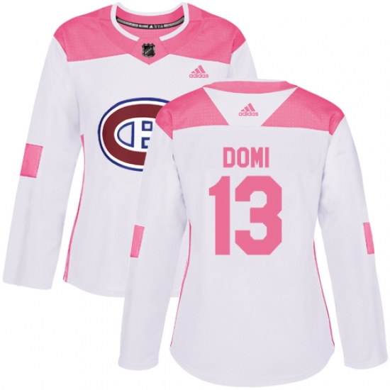 Women's Adidas Montreal Canadiens 13 Max Domi Authentic White Pink Fashion NHL Jersey