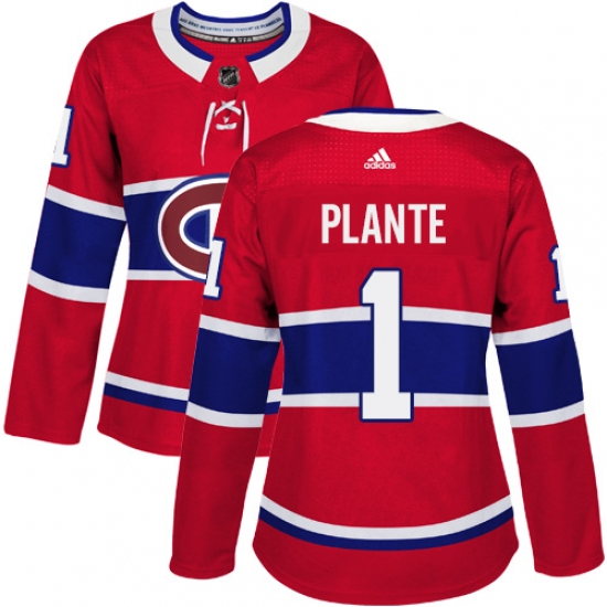Women's Adidas Montreal Canadiens 1 Jacques Plante Authentic Red Home NHL Jersey