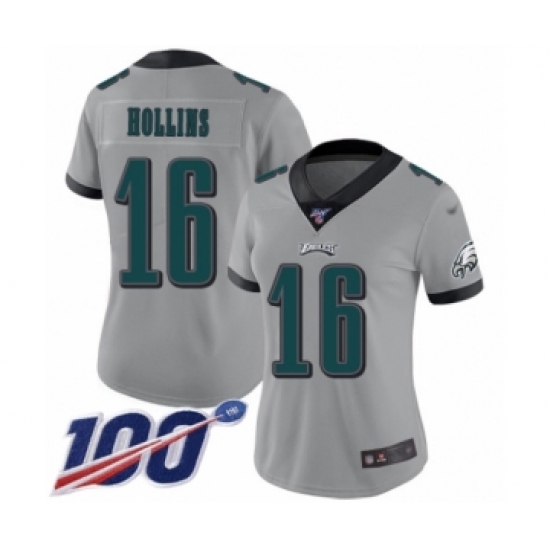 Women's Philadelphia Eagles 16 Mack Hollins Limited Silver Inverted Legend 100th Season Football Jersey