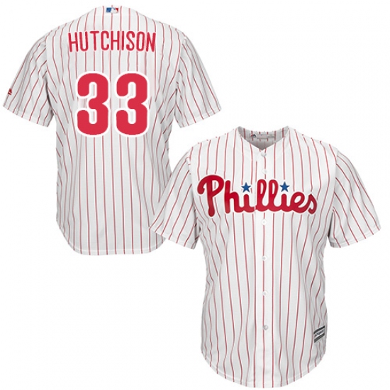 Men's Majestic Philadelphia Phillies 33 Drew Hutchison Replica White/Red Strip Home Cool Base MLB Jersey