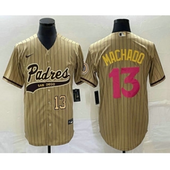 Men's San Diego Padres 13 Manny Machado Number Tan Pinstripe 2023 City Connect Cool Base Stitched Jersey