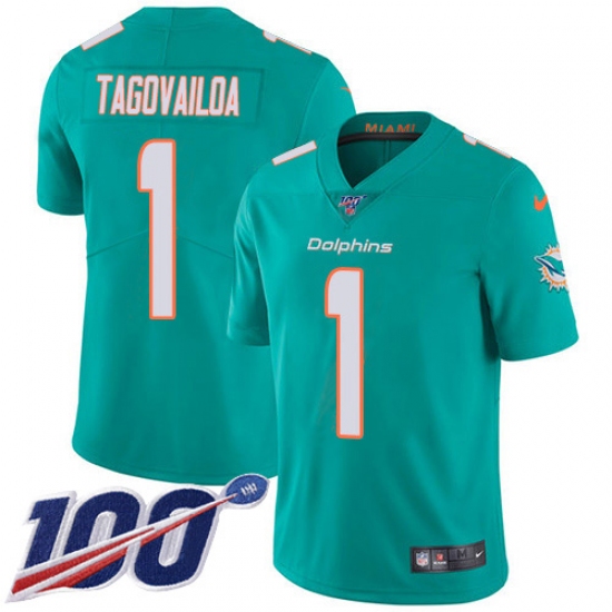 Youth Miami Dolphins 1 Tua Tagovailoa Aqua Green Team Color Stitched 100th Season Vapor Untouchable Limited Jersey