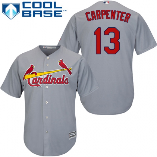 Youth Majestic St. Louis Cardinals 13 Matt Carpenter Replica Grey Road Cool Base MLB Jersey