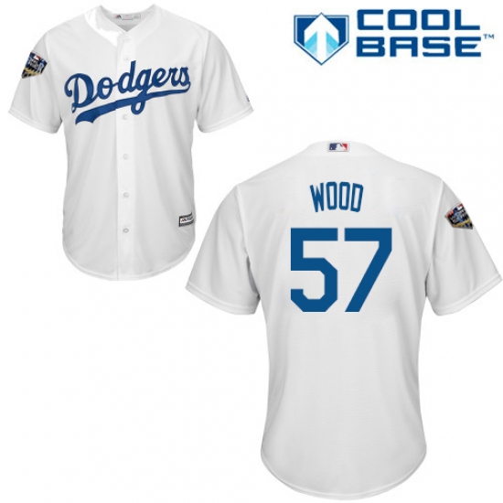 Youth Majestic Los Angeles Dodgers 57 Alex Wood Authentic White Home Cool Base 2018 World Series MLB Jersey