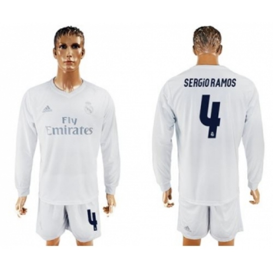 Real Madrid 4 Sergio Ramos Marine Environmental Protection Home Long Sleeves Soccer Club Jersey