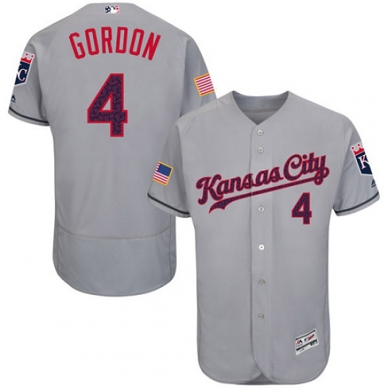 Men's Majestic Kansas City Royals 4 Alex Gordon Authentic Grey Fashion Stars & Stripes Flex Base MLB Jersey