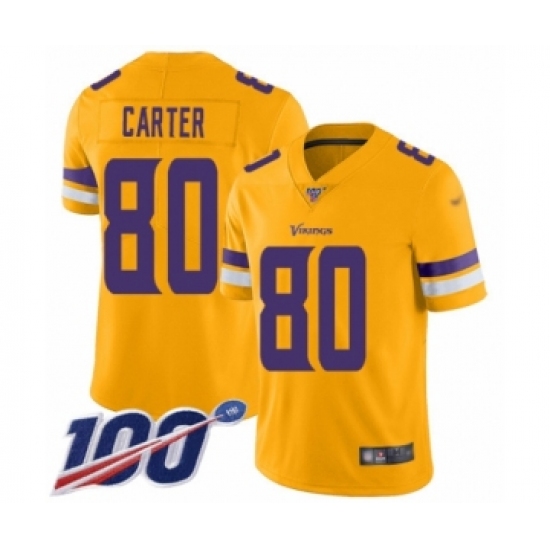 Men's Minnesota Vikings 80 Cris Carter Limited Gold Inverted Legend 100th Season Football Jersey