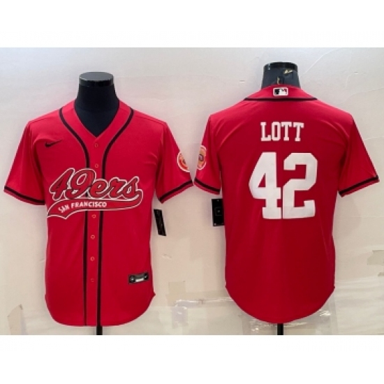 Men's San Francisco 49ers 42 Ronnie Lott Red With Patch Cool Base Stitched Baseball Jersey