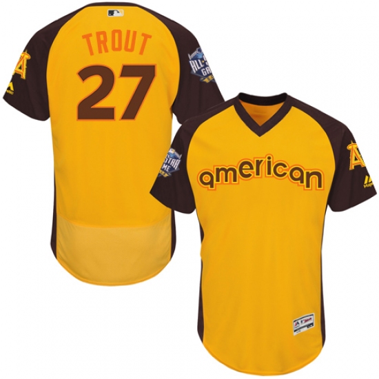 Men's Majestic Los Angeles Angels of Anaheim 27 Mike Trout Yellow 2016 All-Star American League BP Authentic Collection Flex Base MLB Jersey