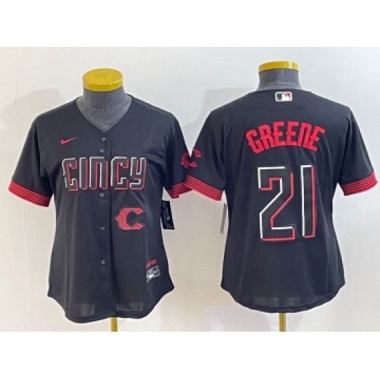 Women's Cincinnati Reds 21 Hunter Greene Black 2023 City Connect Cool Base Stitched Jersey