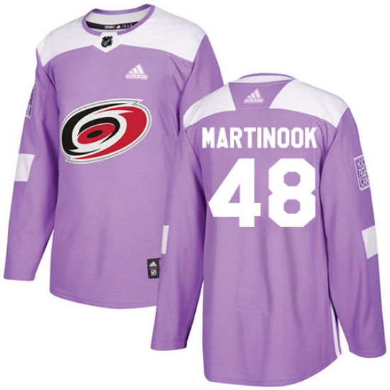 Men's Adidas Carolina Hurricanes 48 Jordan Martinook Authentic Purple Fights Cancer Practice NHL Jersey