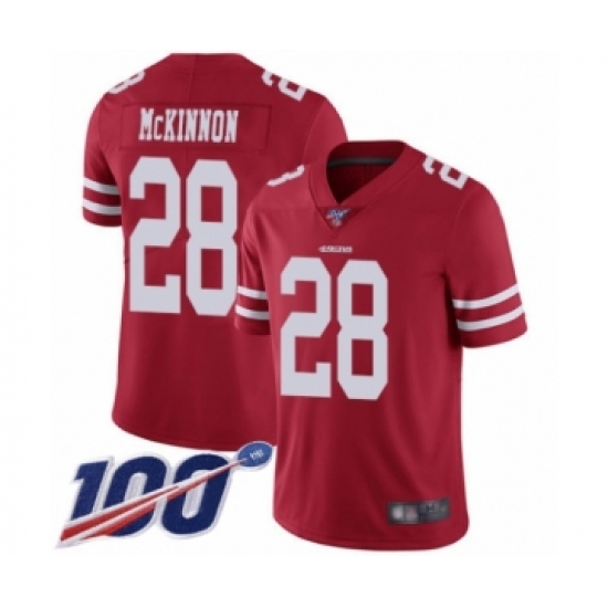 Men's San Francisco 49ers 28 Jerick McKinnon Red Team Color Vapor Untouchable Limited Player 100th Season Football Jersey