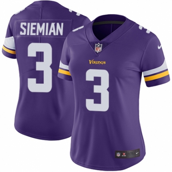 Women's Nike Minnesota Vikings 3 Trevor Siemian Purple Team Color Vapor Untouchable Limited Player NFL Jersey