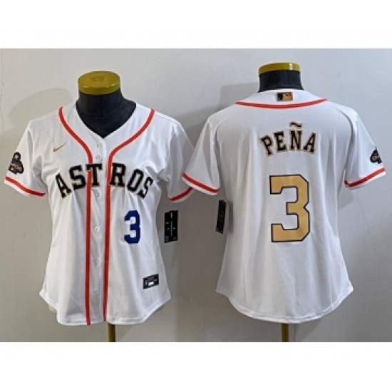 Women's Houston Astros 3 Jeremy Pena Number 2023 White Gold World Serise Champions Cool Base Stitched Jersey1