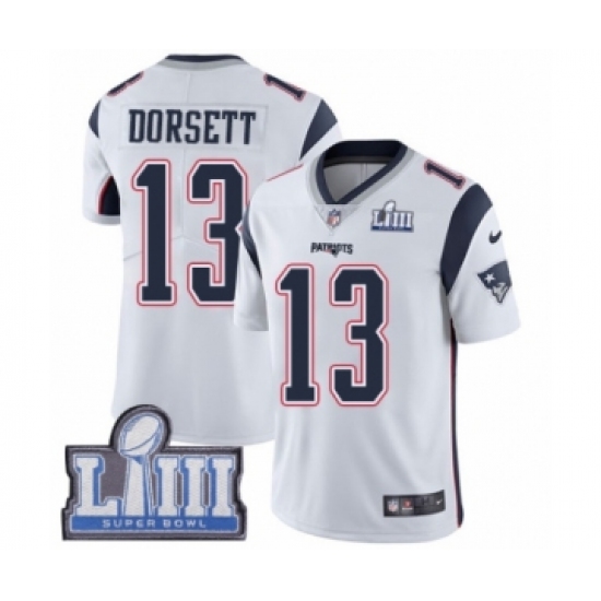 Men's Nike New England Patriots 13 Phillip Dorsett White Vapor Untouchable Limited Player Super Bowl LIII Bound NFL Jersey