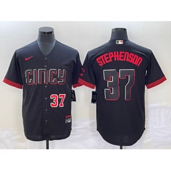 Men's Cincinnati Reds 37 Tyler Stephenson Number Black 2023 City Connect Cool Base Stitched Jersey1