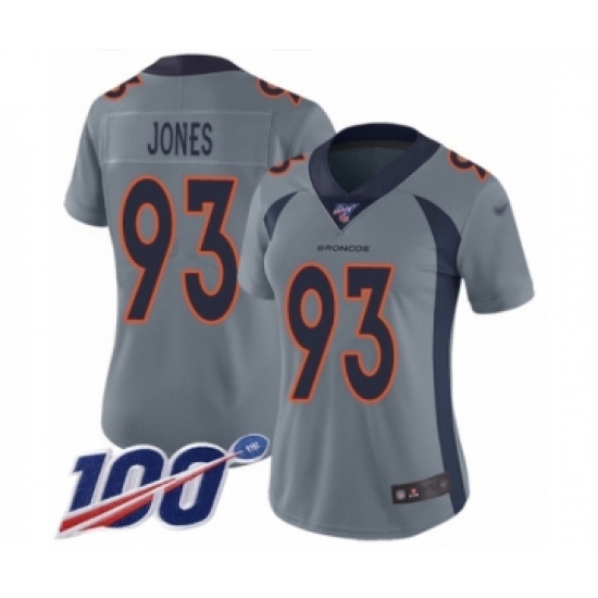 Women's Denver Broncos 93 Dre'Mont Jones Limited Silver Inverted Legend 100th Season Football Jersey