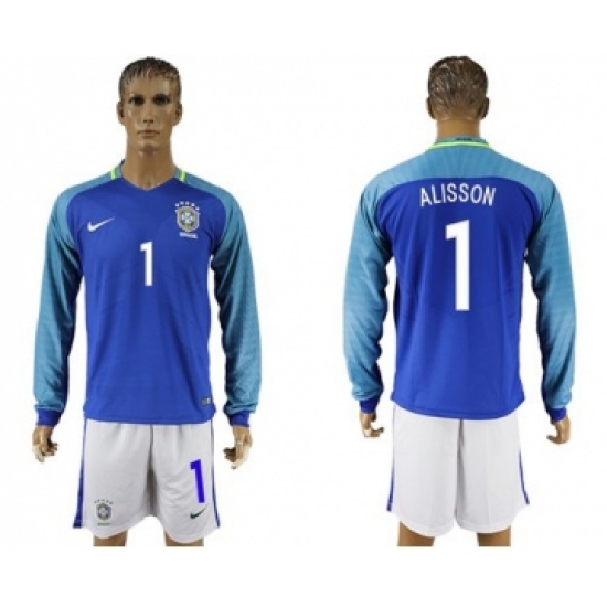 Brazil 1 Alisson Away Long Sleeves Soccer Country Jersey