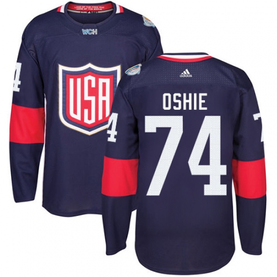 Men's Adidas Team USA 74 T. J. Oshie Authentic Navy Blue Away 2016 World Cup Ice Hockey Jersey