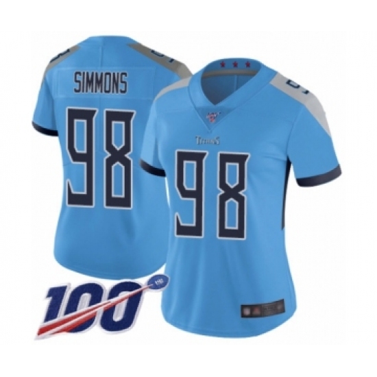 Women's Tennessee Titans 98 Jeffery Simmons Light Blue Alternate Vapor Untouchable Limited Player 100th Season Football Jersey