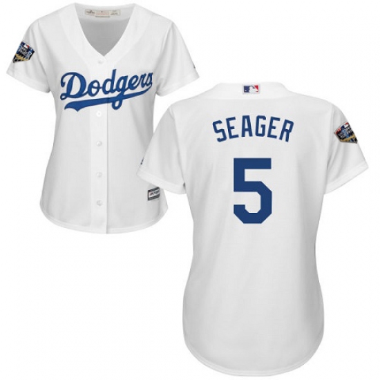 Women's Majestic Los Angeles Dodgers 5 Corey Seager Authentic White Home Cool Base 2018 World Series MLB Jersey