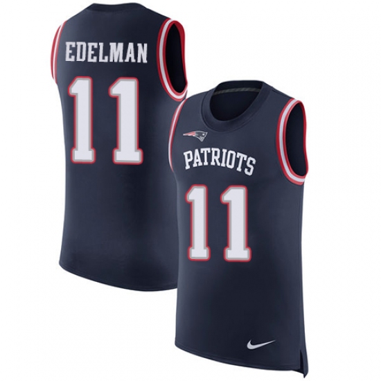 Men's Nike New England Patriots 11 Julian Edelman Limited Navy Blue Rush Player Name & Number Tank Top NFL Jersey