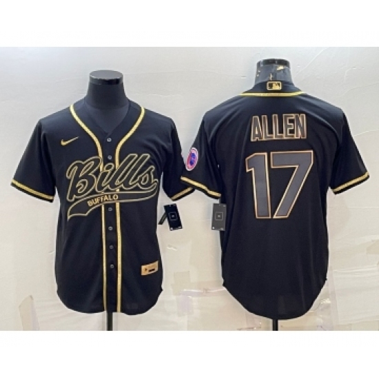 Men's Buffalo Bills 17 Josh Allen Black Gold With Patch Cool Base Stitched Baseball Jersey