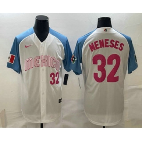 Men's Mexico Baseball 32 Joey Meneses Number 2023 White Blue World Classic Stitched Jersey