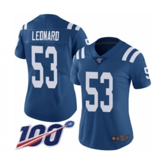 Women's Nike Indianapolis Colts 53 Darius Leonard Royal Blue Team Color Vapor Untouchable Limited Player 100th Season NFL Jersey