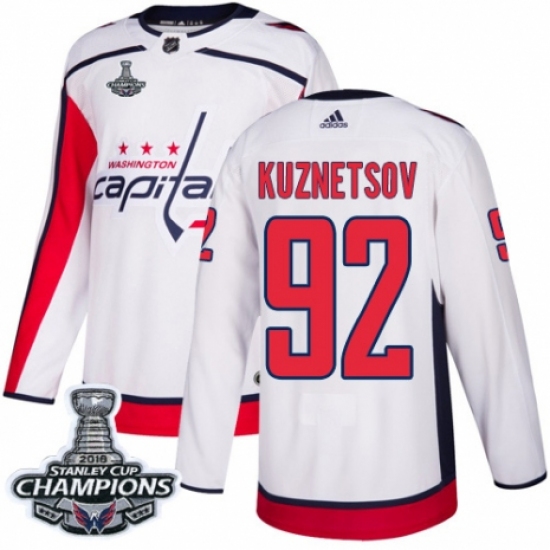 Youth Adidas Washington Capitals 92 Evgeny Kuznetsov Authentic White Away 2018 Stanley Cup Final Champions NHL Jersey