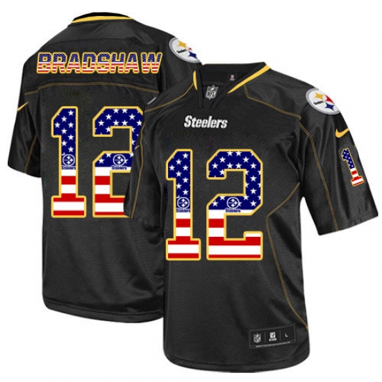 Men's Nike Pittsburgh Steelers 12 Terry Bradshaw Elite Black USA Flag Fashion NFL Jersey