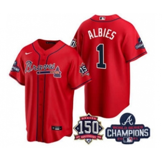 Men's Atlanta Braves 1 Ozzie Albies 2021 Red World Series Champions With 150th Anniversary Patch Cool Base Stitched Jersey