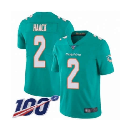 Men's Miami Dolphins 2 Matt Haack Aqua Green Team Color Vapor Untouchable Limited Player 100th Season Football Jersey