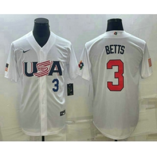 Men's USA Baseball 3 Mookie Betts Number 2023 White World Baseball Classic Replica Stitched Jerseys