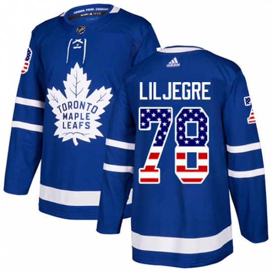Men's Adidas Toronto Maple Leafs 78 Timothy Liljegren Authentic Royal Blue USA Flag Fashion NHL Jersey