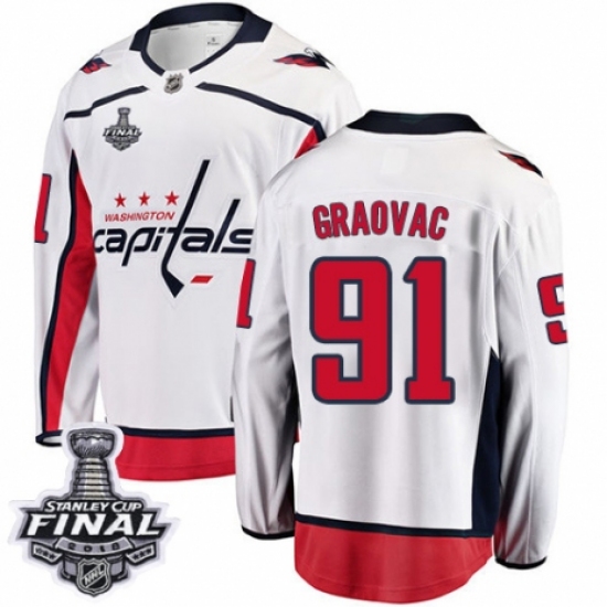Men's Washington Capitals 91 Tyler Graovac Fanatics Branded White Away Breakaway 2018 Stanley Cup Final NHL Jersey