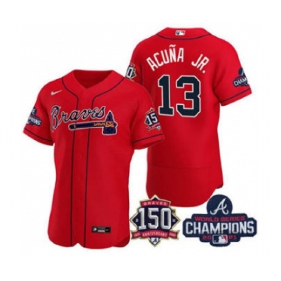 Men's Atlanta Braves 13 Ronald Acuna Jr. 2021 Red World Series Champions With 150th Anniversary Flex Base Stitched Jersey