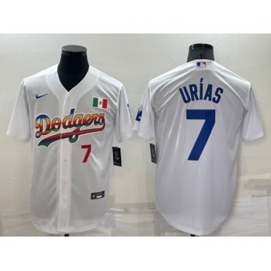 Men's Los Angeles Dodgers 7 Julio Urias Rainbow Number White Mexico Cool Base Nike Jersey