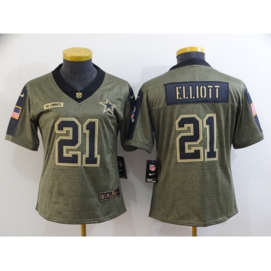 Women's Dallas Cowboys 21 Ezekiel Elliott Gold 2021 Salute To Service Limited Player Jersey