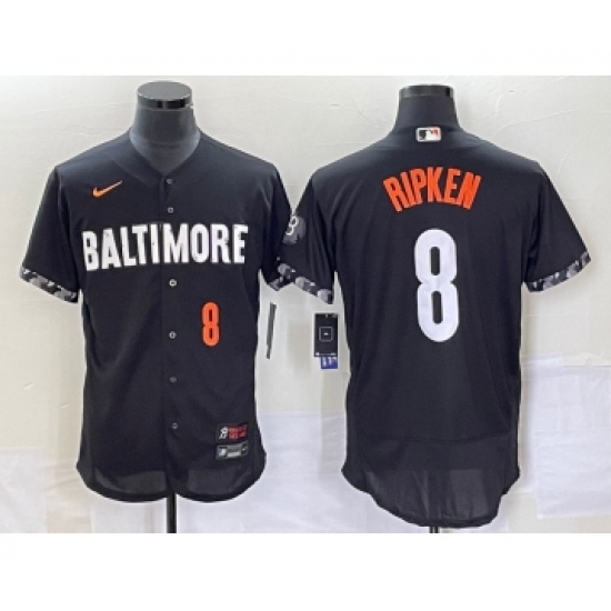 Men's Baltimore Orioles 8 Cal Ripken Jr Number Black 2023 City Connect Flex Base Stitched Jersey 1