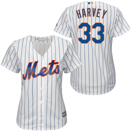 Women's Majestic New York Mets 33 Matt Harvey Replica White/Blue Strip MLB Jersey