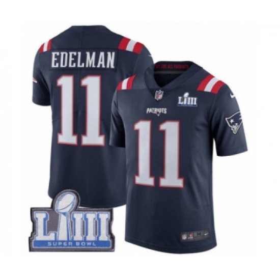 Men's Nike New England Patriots 11 Julian Edelman Limited Navy Blue Rush Vapor Untouchable Super Bowl LIII Bound NFL Jersey