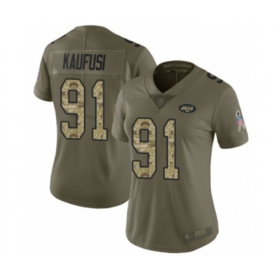 Women's New York Jets 91 Bronson Kaufusi Limited Olive Camo 2017 Salute to Service Football Jersey
