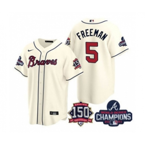 Men's Atlanta Braves 5 Freddie Freeman 2021 Cream World Series Champions With 150th Anniversary Patch Cool Base Stitched Jersey