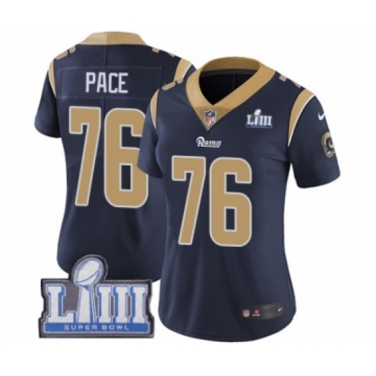 Women's Nike Los Angeles Rams 76 Orlando Pace Navy Blue Team Color Vapor Untouchable Limited Player Super Bowl LIII Bound NFL Jersey